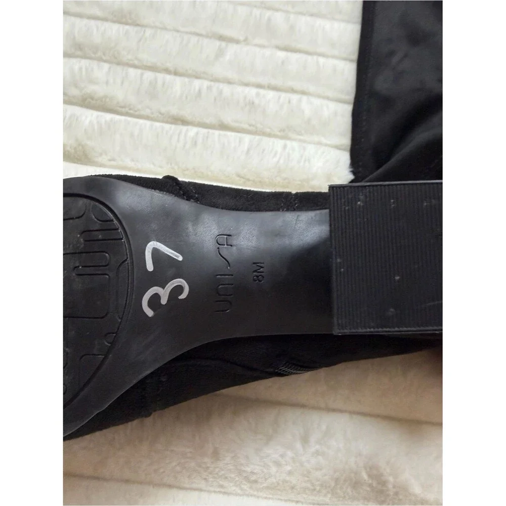 Black Faux Suede Thigh High Boots Block Heel Stretch Fit Size 8 Over The Knee